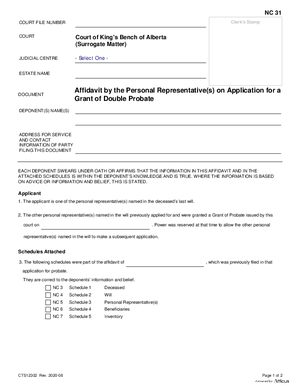 Thumbnail of Alberta Form Affidavit By A Personal Representative On Application For A Grant Of Double Probate (Cts12302)