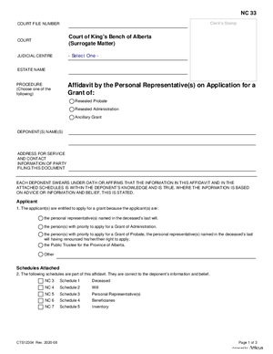 Thumbnail of Alberta Form Affidavit By The Personal Representative(s) On Application For A Resealing Or Ancillary Grant (Cts12304)