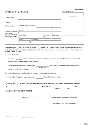 Thumbnail of Alberta Form Affidavit Of Handwriting (Cts12972)