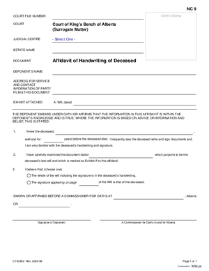 Thumbnail of Alberta Form Affidavit Of Handwriting Of Deceased (Cts3902)