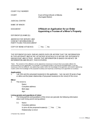 Thumbnail of Alberta Form Affidavit On Application For A Grant Of Trusteeship Of The Estate Of A Minor Child (Cts12318)
