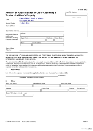 Thumbnail of Alberta Form Affidavit On Application For An Order Appointing A Trustee Of A Minor’s Property (Cts12986)