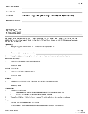 Thumbnail of Alberta Form Affidavit Regarding Missing Or Unknown Beneficiaries (Cts12296)
