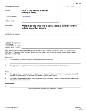 Thumbnail of Alberta Form Affidavit To Dispense With A Bond (Cts12284)