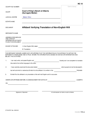 Thumbnail of Alberta Form Affidavit Verifying Translation Of Non-english Will (Cts12276)