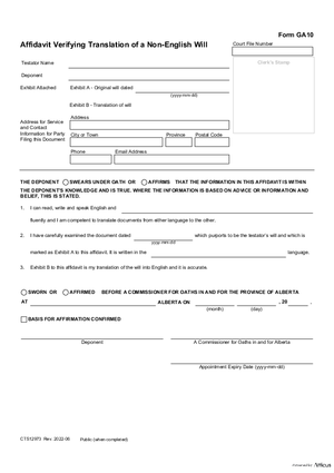 Thumbnail of Alberta Form Affidavit Verifying Translation Of A Non-english Will (Cts12973)