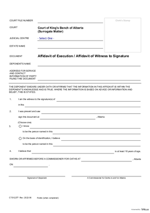 Thumbnail of Alberta Form Affidavit Of Witness To Signature (Cts12277)