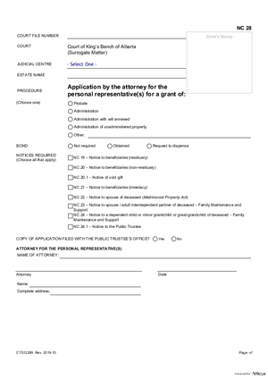 Thumbnail of Alberta Form Application By The Attorney For The Personal Representative(s) For A Grant (Cts12299)