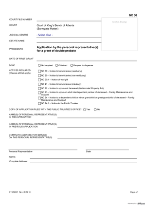 Thumbnail of Alberta Form Application By A Personal Representative For A Grant Of Double Probate (Cts12301)