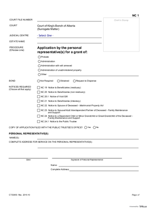 Thumbnail of Alberta Form Application By Personal Representative(s) For A Grant (Cts3893)