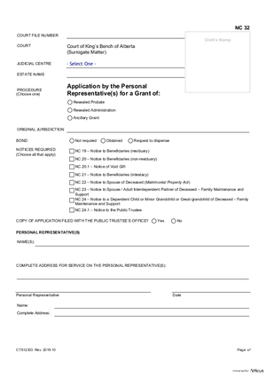 Thumbnail of Alberta Form Application By The Personal Representative(s) For A Resealing Or Ancillary Grant (Cts12303)
