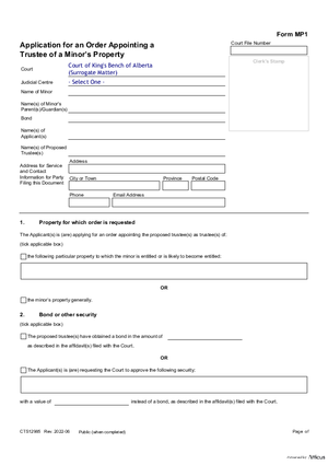Thumbnail of Alberta Form Application For An Order Appointing A Trustee Of A Minor’s Property (Cts12985)
