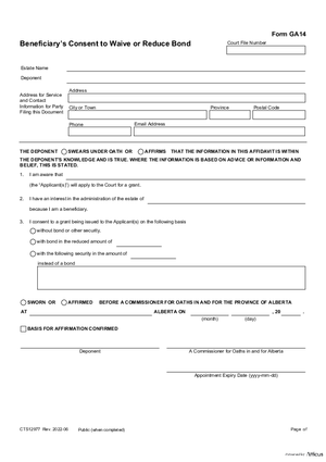 Thumbnail of Alberta Form Beneficiary’s Consent To Waive Or Reduce Bond (Cts12977)