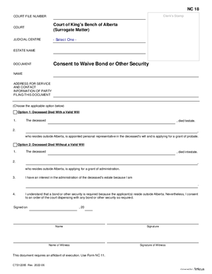 Thumbnail of Alberta Form Consent To Waive Bond (Cts12285)