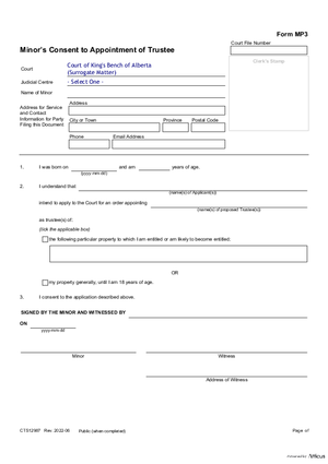 Thumbnail of Alberta Form Minor’s Consent To Appointment Of Trustee (Cts12987)