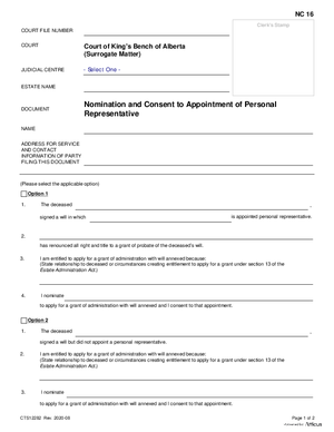 Thumbnail of Alberta Form Nomination And Consent To Appointment Of Personal Representative (Cts12282)
