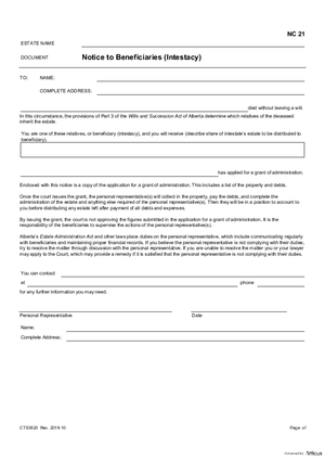 Thumbnail of Alberta Form Notice To Beneficiaries (Intestacy) (Cts3920)