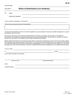 Thumbnail of Alberta Form Notice To Beneficiaries (Non-residuary) (Cts3916)
