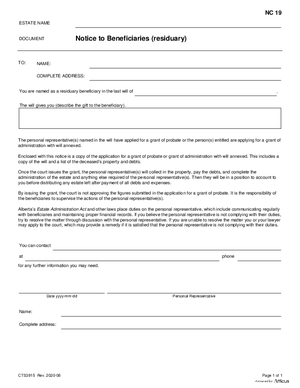 Thumbnail of Alberta Form Notice To Beneficiaries (Residuary) (Cts3915)