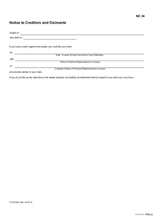 Thumbnail of Alberta Form Notice To Creditors And Claimants (Cts12305)