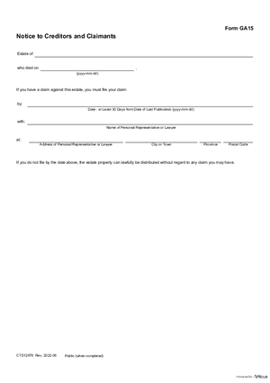 Thumbnail of Alberta Form Notice To Creditors And Claimants (Cts12978)