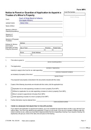 Thumbnail of Alberta Form Notice To Parent Or Guardian Of Application To Appoint A Trustee Of A Minor’s Property (Cts12988)