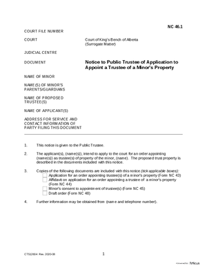 Thumbnail of Alberta Form Notice To Public Trustee Of Application To Appoint A Trustee Of A Minor’s Property (Cts12604)