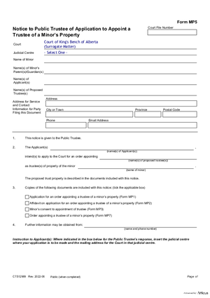 Thumbnail of Alberta Form Notice To Public Trustee Of Application To Appoint A Trustee Of A Minor’s Property (Cts12989)