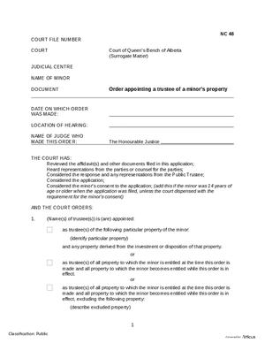 Thumbnail of Alberta Form Order Appointing A Trustee Of A Minor’s Property