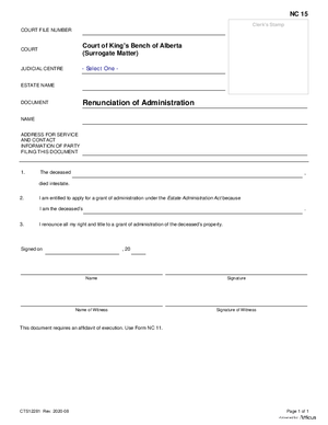 Thumbnail of Alberta Form Renunciation Of Administration (Cts12281)