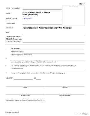 Thumbnail of Alberta Form Renunciation Of Administration With Will Annexed (Cts12280)