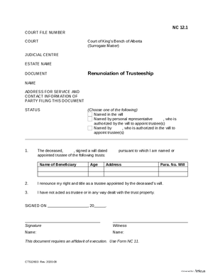 Thumbnail of Alberta Form Renunciation Of Trusteeship (Cts12603)