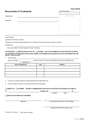 Thumbnail of Alberta Form Renunciation Of Trusteeship (Cts12981)
