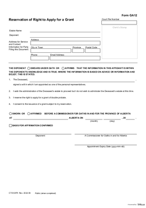 Thumbnail of Alberta Form Reservation Of Right To Apply For A Grant (Cts12975)