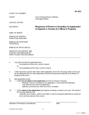 Thumbnail of Alberta Form Response Of Parent Or Guardian To Application To Appoint A Trustee Of A Minor’s Property (Cts12605)