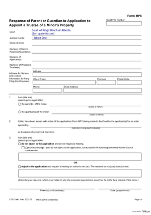 Thumbnail of Alberta Form Response Of Parent Or Guardian To Application To Appoint A Trustee Of A Minor’s Property (Cts12990)
