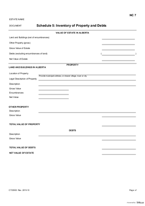 Thumbnail of Alberta Form Schedule 5: Inventory Of Property And Debts (Cts3900)