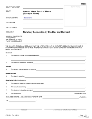 Thumbnail of Alberta Form Statutory Declaration By Creditors And Claimants (Cts12316)