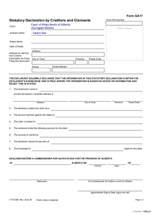 Thumbnail of Alberta Form Statutory Declaration By Creditors And Claimants (Cts12980)