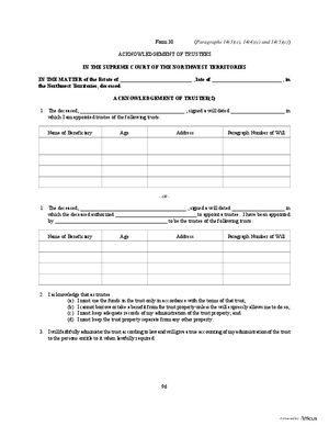 Thumbnail of Northwest Territories Form Acknowledgement Of Trustees