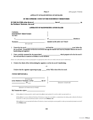 Thumbnail of Northwest Territories Form Affidavit Of Handwriting Of Deceased