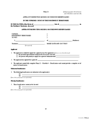 Thumbnail of Northwest Territories Form Affidavit Respecting Missing Or Unknown Beneficiaries
