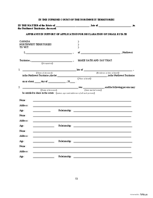 Thumbnail of Northwest Territories Form Affidavit In Support Of Application For Declaration Of Small Estate