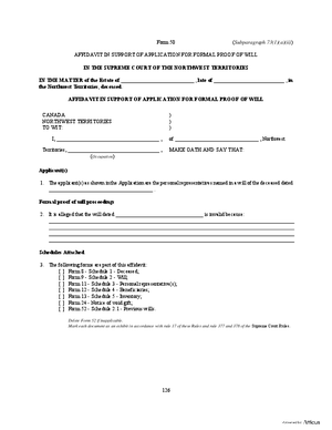 Thumbnail of Northwest Territories Form Affidavit In Support Of Application For Formal Proof Of Will