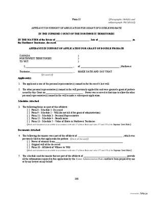 Thumbnail of Northwest Territories Form Affidavit In Support Of Application For Grant Of Double Probate
