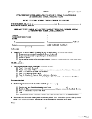 Thumbnail of Northwest Territories Form Affidavit In Support Of Application For Grant To Reseal Probate, Reseal Administration, Or For Ancillary Grant