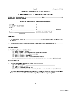 Thumbnail of Northwest Territories Form Affidavit In Support Of Application For Grant