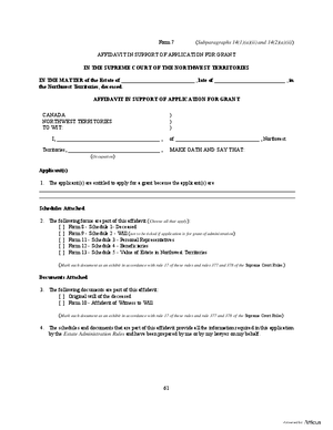 Thumbnail of Northwest Territories Form Affidavit In Support Of Application For Grant