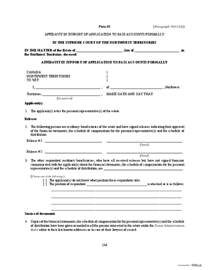 Thumbnail of Northwest Territories Form Affidavit In Support Of Application To Pass Accounts Formally