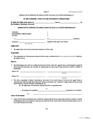 Thumbnail of Northwest Territories Form Affidavit In Support Of Application To Pass Accounts Informally